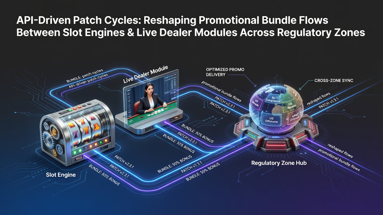 Network diagram showing API connections between slot engines and live dealer modules during a patch cycle update