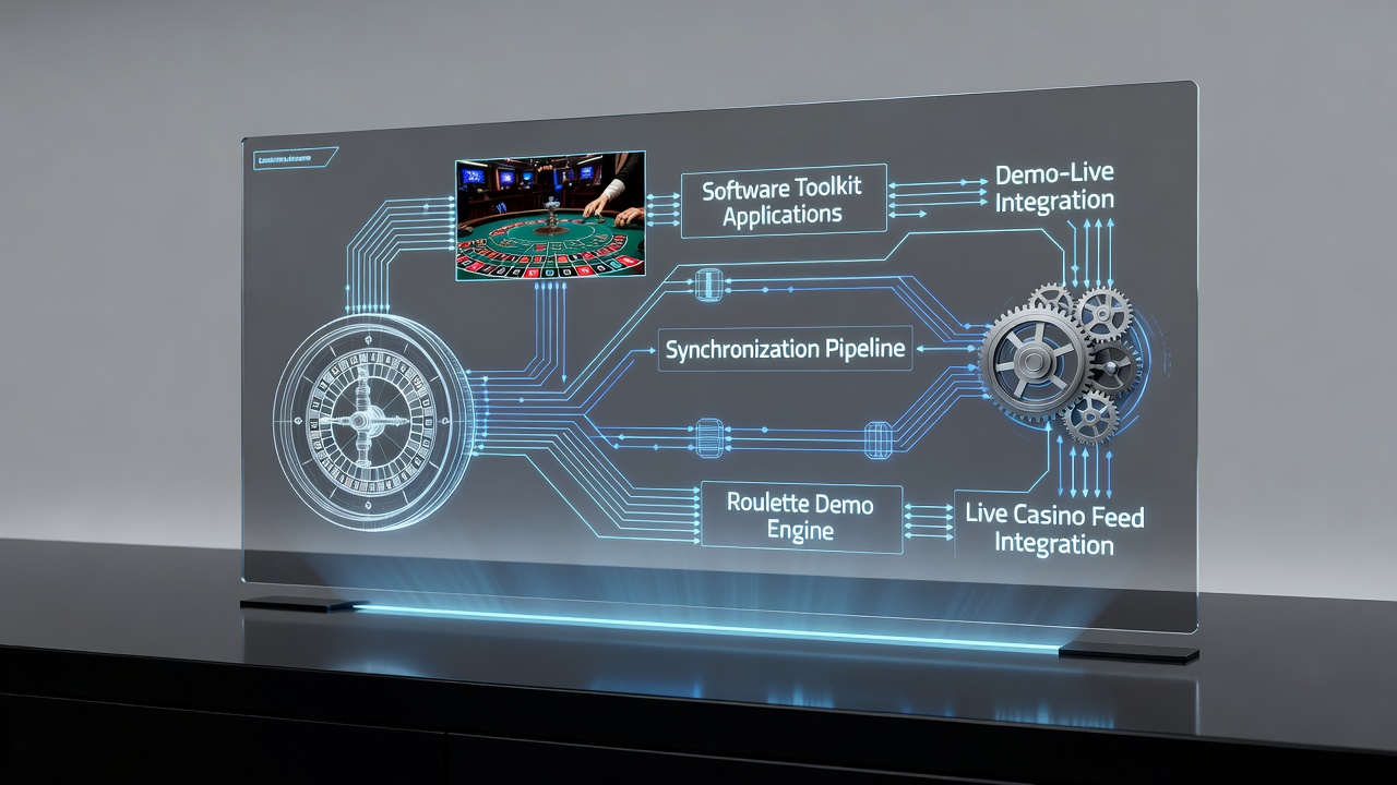 Detailed view of data flow diagrams showing connections between live roulette servers and demo synchronization modules