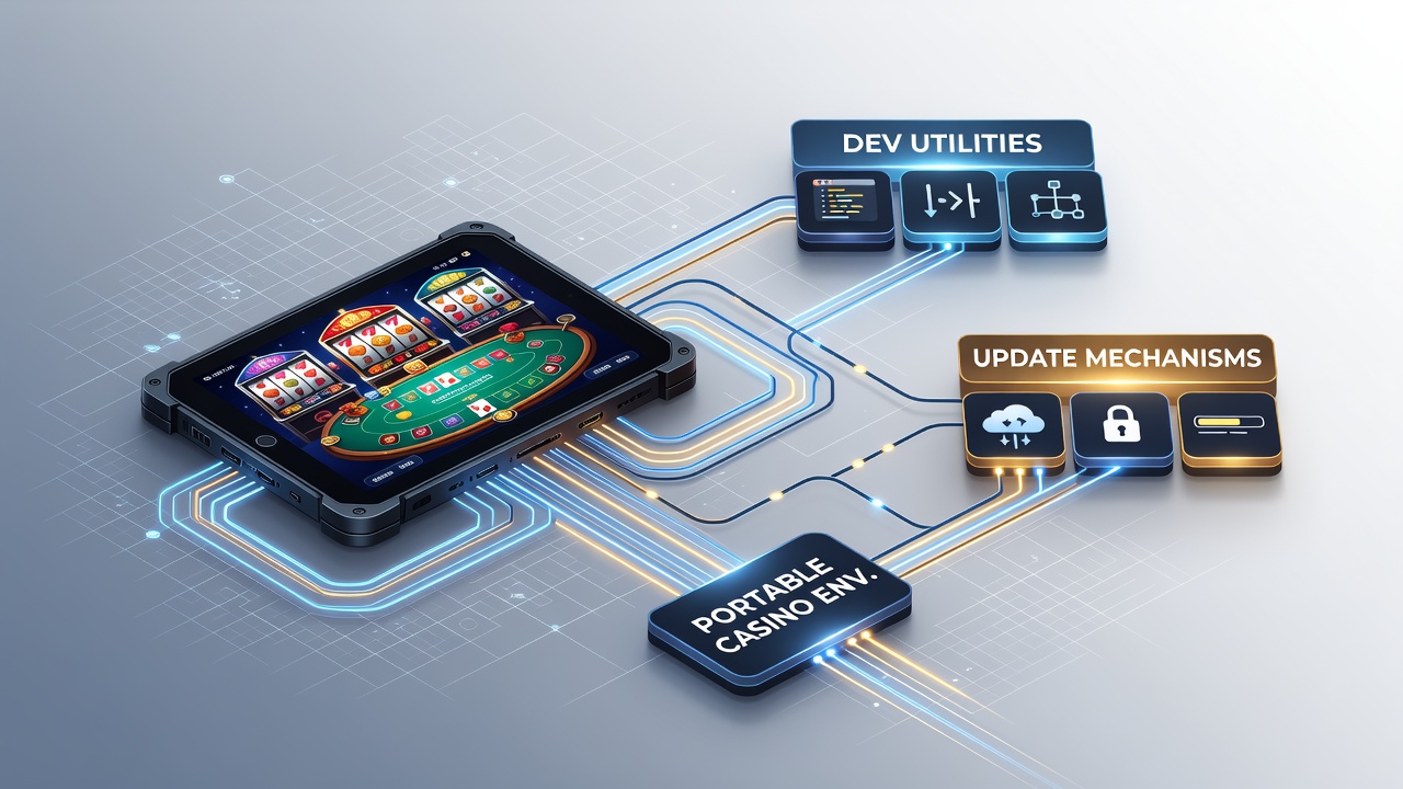 Developer tools interface displaying update pathways for portable casino software across mobile platforms
