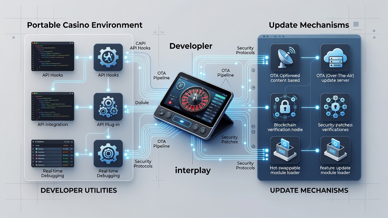 Flowchart illustrating connections between developer utilities and automated update servers in casino mobile applications